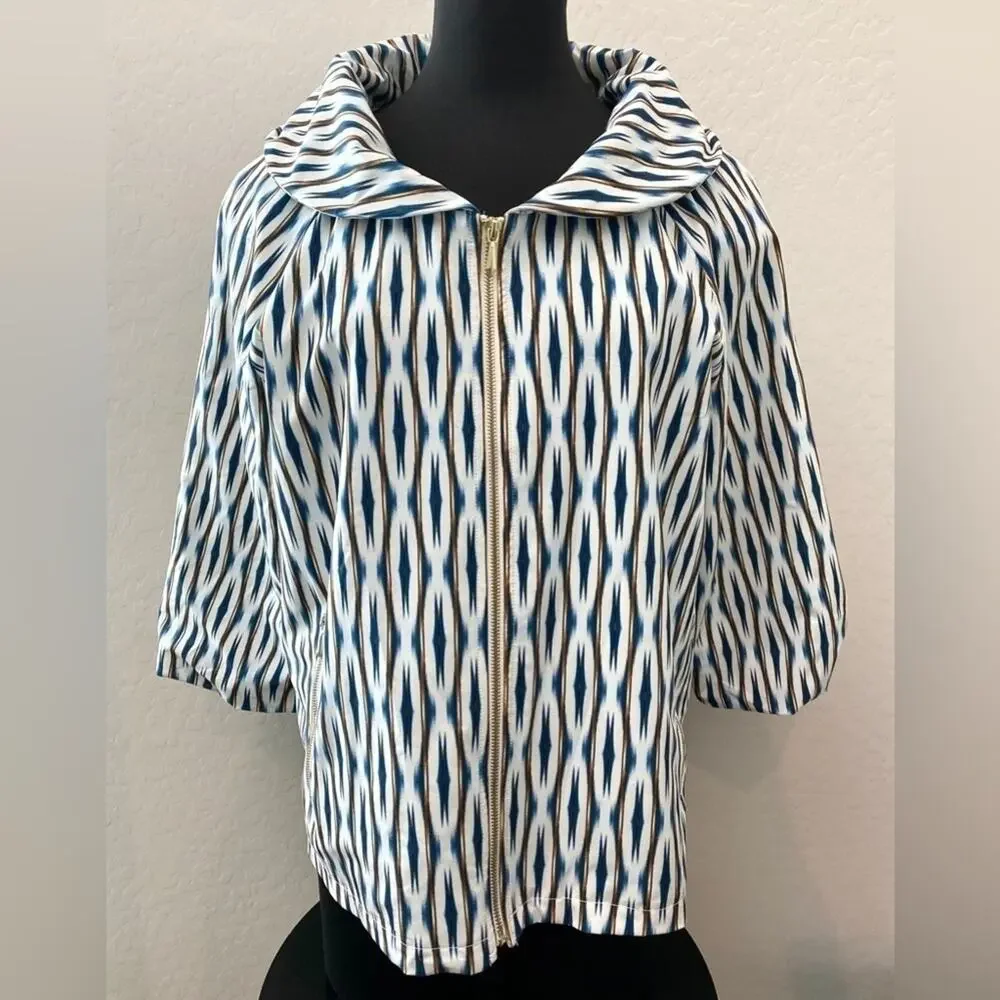 CHICO’S ZENERGY | Ikat Zip Up Jacket White Blue Geometric | Size 1 Medium - Picture 3 of 8